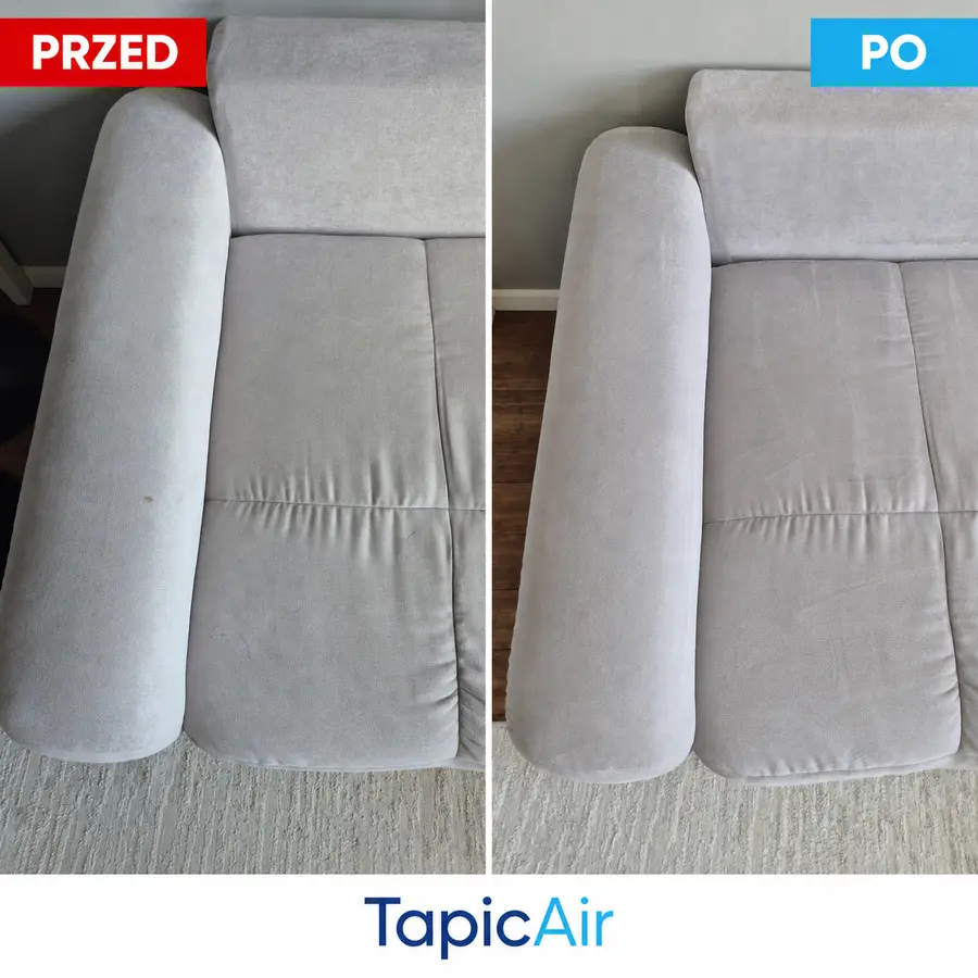 Jasna sofa przed i po czyszczeniu tapicerki